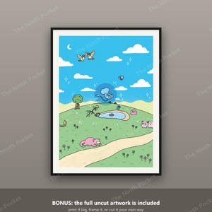 May include: A rectangular art print featuring a vibrant blue sky with white clouds, a crescent moon, and various small cartoon creatures in a green grassy field. A light blue creature floats above a small pond, while pink and yellow figures roam.