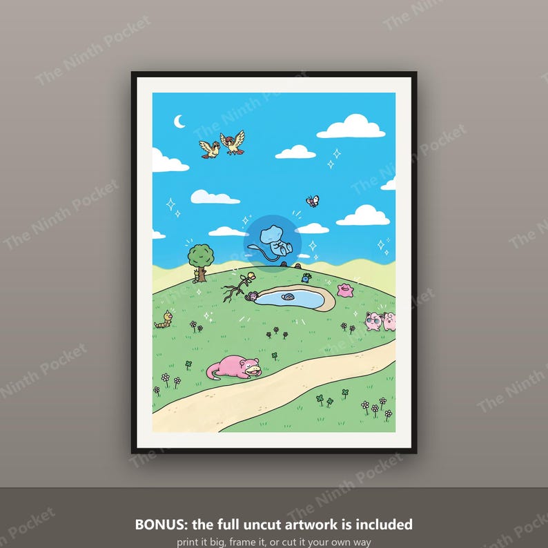 May include: A rectangular art print featuring a vibrant blue sky with white clouds, a crescent moon, and various small cartoon creatures in a green grassy field. A light blue creature floats above a small pond, while pink and yellow figures roam.