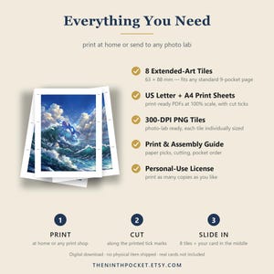 May include: A digital download guide titled Everything You Need, featuring a stack of printed cards with a blue ocean wave illustration. It lists 8 Extended-Art Tiles measuring 63 x 88 mm, US Letter and A4 print sheets, 300-DPI PNG tiles, a guide, and a license.