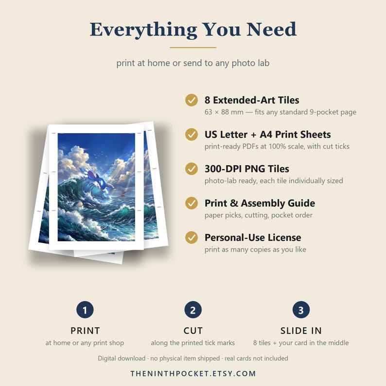 May include: A digital download guide titled Everything You Need, featuring a stack of printed cards with a blue ocean wave illustration. It lists 8 Extended-Art Tiles measuring 63 x 88 mm, US Letter and A4 print sheets, 300-DPI PNG tiles, a guide, and a license.