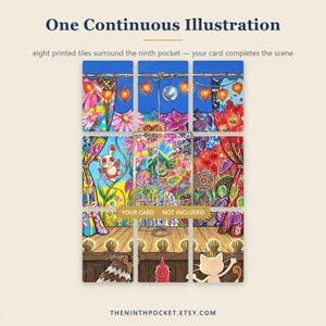 May include: A set of eight printed tiles arranged in a grid to form a continuous illustration, featuring colourful curtains, hanging lanterns, a disco ball, and various creatures. The centre space is empty for a card, labelled YOUR CARD - NOT INCLUDED.
