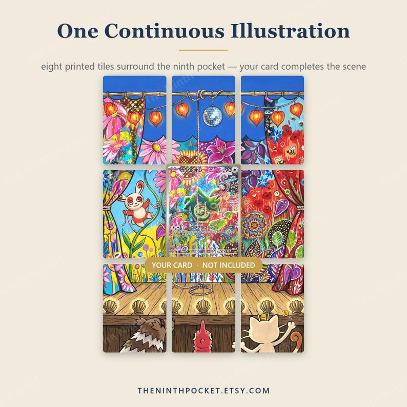 May include: A set of eight printed tiles arranged in a grid to form a continuous illustration, featuring colourful curtains, hanging lanterns, a disco ball, and various creatures. The centre space is empty for a card, labelled YOUR CARD - NOT INCLUDED.