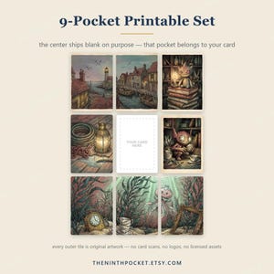 May include: A 9-Pocket Printable Set featuring nine rectangular tiles with fantasy illustrations. The center tile is blank with a dashed border and the text 'YOUR CARD HERE'. Other tiles show a lighthouse, a village, a creature on books, a lantern, a creature with a cup, a clock, seaweed, and a jellyfish.