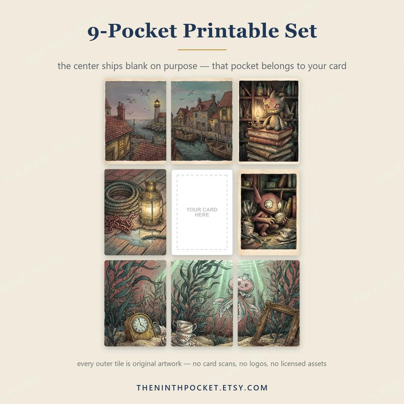 May include: A 9-Pocket Printable Set featuring nine rectangular tiles with fantasy illustrations. The center tile is blank with a dashed border and the text 'YOUR CARD HERE'. Other tiles show a lighthouse, a village, a creature on books, a lantern, a creature with a cup, a clock, seaweed, and a jellyfish.
