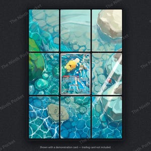 Puede incluir: Un expositor de nueve paneles con una carta coleccionable Psyduck en el centro, rodeada por una ilustraci&oacute;n continua de un arroyo azul claro con rocas y ondas. La carta muestra una criatura amarilla y una persona en el agua.
