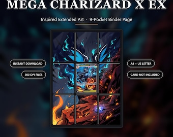Mega Charizard X ex 125/094 Inspired Extended Art | 9 stron segregatora kieszonkowego | Ekspozycja kart TCG | Wersja do pobrania w wersji cyfrowej