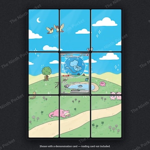 May include: A nine-panel grid display featuring a light blue sky with clouds and a green landscape with various cartoon creatures. A Mew ex trading card is centered in the middle panel, showing 180 HP and the text Mew ex, Restart, and Genome Hacking.