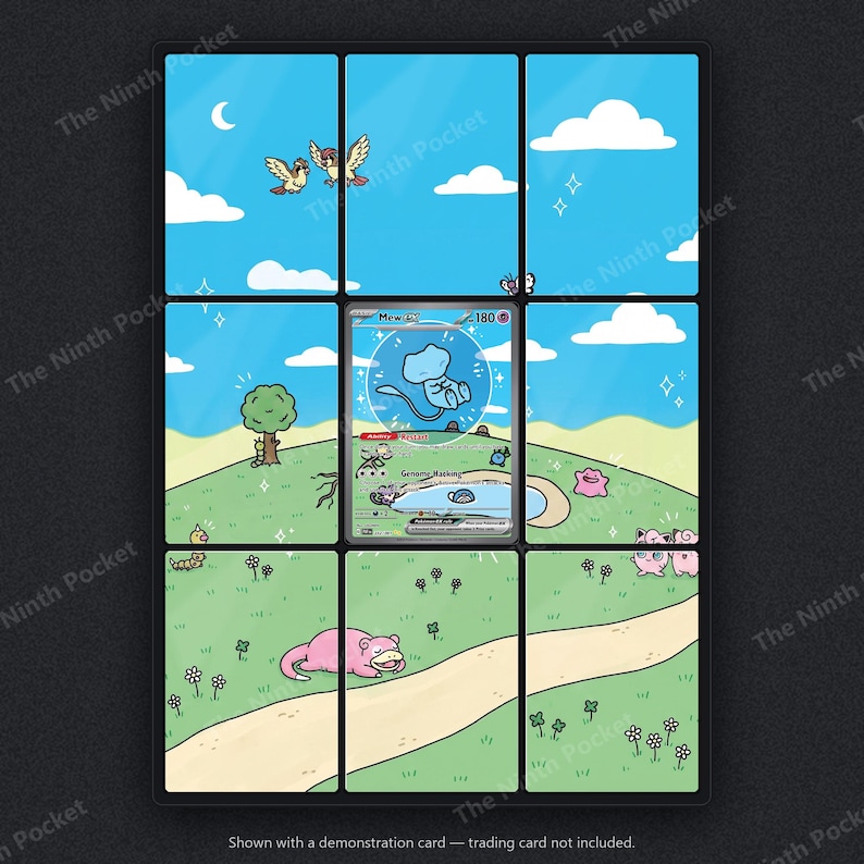May include: A nine-panel grid display featuring a light blue sky with clouds and a green landscape with various cartoon creatures. A Mew ex trading card is centered in the middle panel, showing 180 HP and the text Mew ex, Restart, and Genome Hacking.