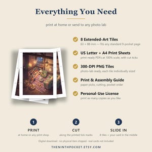 Puede incluir: Una ficha de producto de descarga digital titulada Everything You Need, que incluye 8 losetas de arte extendido de 63 x 88 mm, hojas de impresi&oacute;n A4 y US letter, archivos PNG de 300 DPI, gu&iacute;a de montaje y licencia para uso personal.