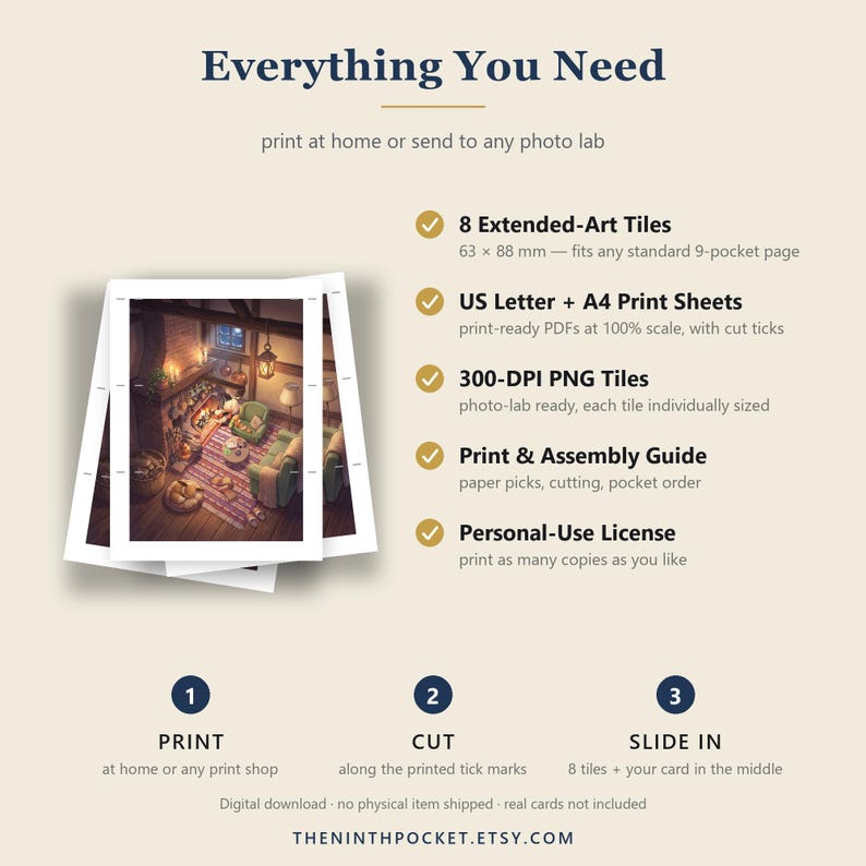 Puede incluir: Una ficha de producto de descarga digital titulada Everything You Need, que incluye 8 losetas de arte extendido de 63 x 88 mm, hojas de impresi&oacute;n A4 y US letter, archivos PNG de 300 DPI, gu&iacute;a de montaje y licencia para uso personal.
