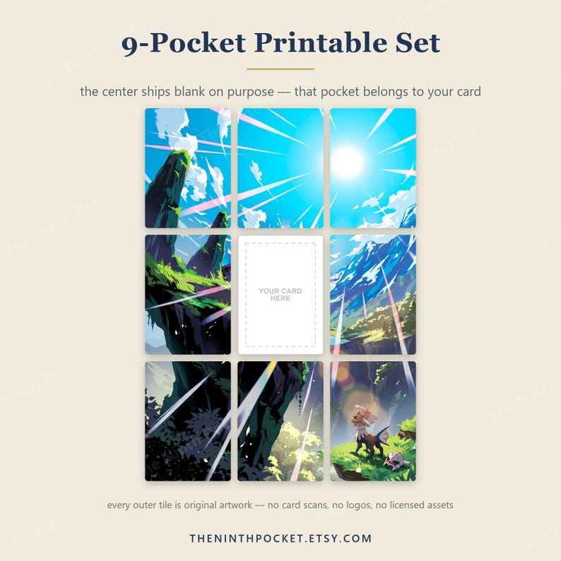 May include: A 9-pocket printable set featuring a grid of eight landscape illustrations with a blank center pocket labeled 'YOUR CARD HERE'. The artwork depicts blue skies, mountains, and a small creature. Text includes '9-Pocket Printable Set' and 'THENINTHPOCKET.ETSY.COM'.