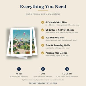 May include: A digital download product listing titled Everything You Need, featuring a stack of printed cards with a theme park illustration. It includes 8 extended-art tiles measuring 63 x 88 mm, US Letter and A4 print sheets, 300-DPI PNG tiles, a guide, and a license.