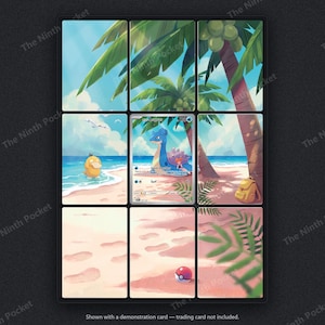 May include: A nine-panel grid display frame featuring a tropical beach scene with palm trees, a yellow duck-like creature in the water, a tan backpack on the sand, and a red and white ball. The center panel holds a Lapras trading card.