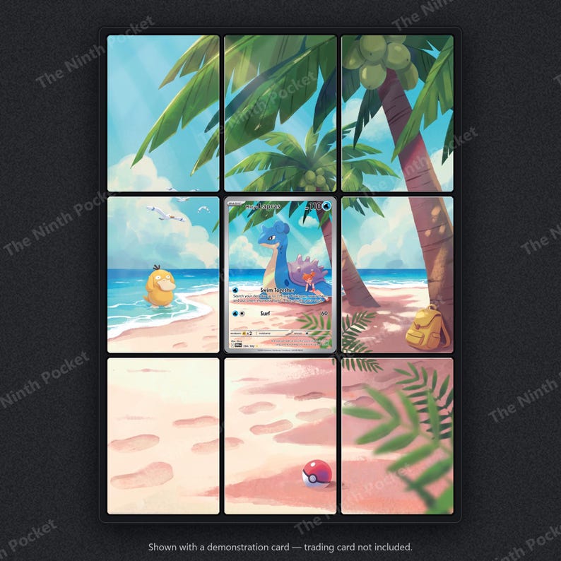 May include: A nine-panel grid display frame featuring a tropical beach scene with palm trees, a yellow duck-like creature in the water, a tan backpack on the sand, and a red and white ball. The center panel holds a Lapras trading card.