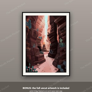 May include: A framed digital art print depicting a narrow desert canyon with dark brown rock formations, a sandy path, and small green plants. A small silhouette of a creature stands on a ledge, with light filtering down from above into the gorge.