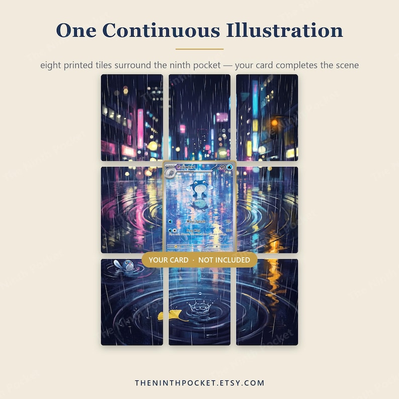 May include: A display set of eight printed tiles featuring a rainy city street scene with neon lights and water ripples. The tiles are arranged in a grid with a central empty space for a trading card. Text reads One Continuous Illustration.