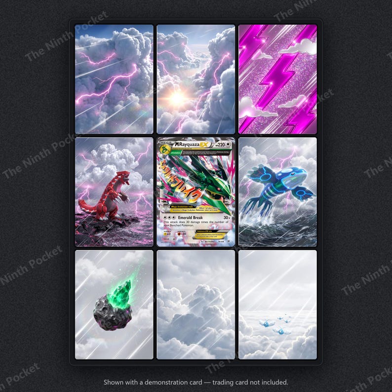 Puede incluir: Una cuadr&iacute;cula de nueve tarjetas rectangulares con una carta coleccionable M Rayquaza EX central rodeada de ilustraciones de nubes, rayos rosas, un Groudon rojo, un Kyogre azul y una roca gris con un cristal verde brillante en el centro.