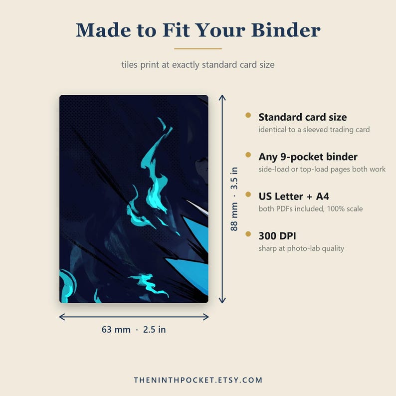Peut inclure: Une carte rectangulaire avec un motif de flammes bleu fonc&eacute; et cyan. Le texte indique : Made to Fit Your Binder, Standard card size, Any 9-pocket binder, US Letter + A4, 300 DPI. Les dimensions sont de 63 mm par 88 mm ou 2,5 par 3,5 pouces.