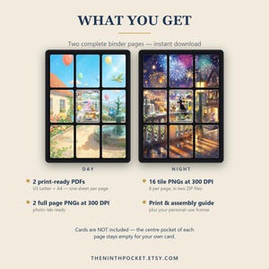 May include: Two digital binder page templates labeled DAY and NIGHT, featuring grid layouts for cards. The DAY page shows a sunny town scene, while the NIGHT page displays a festive fireworks display. Includes text: WHAT YOU GET, THENINTHPOCKET.ETSY.COM.