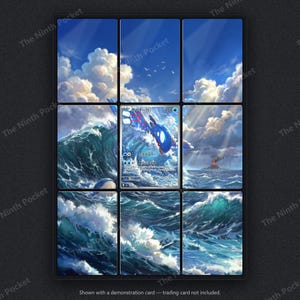 May include: A nine-panel grid display frame featuring a continuous illustration of a blue ocean with large crashing waves, a distant volcano, and a blue sky with white clouds. A single Kyogre trading card is placed in the center panel.