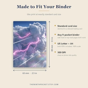 Puede incluir: Una tarjeta rectangular con una nube de tormenta, rayos rosas y estelas de luz. Texto: Made to Fit Your Binder, Standard card size, Any 9-pocket binder, US Letter + A4, 300 DPI. Las dimensiones son 63 mm por 88 mm.