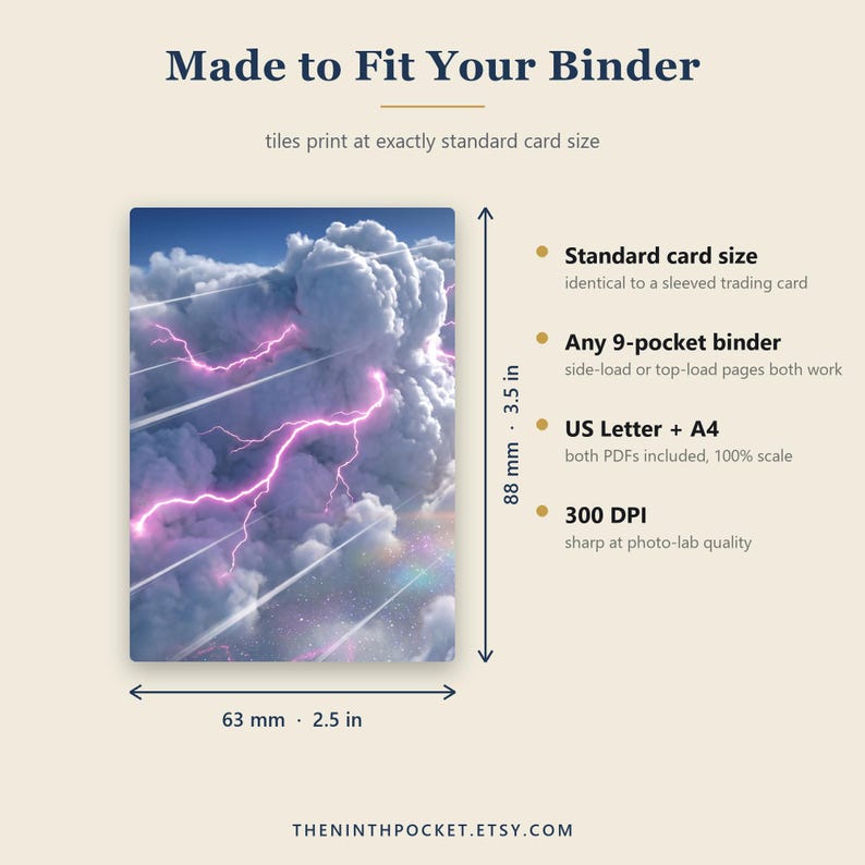Puede incluir: Una tarjeta rectangular con una nube de tormenta, rayos rosas y estelas de luz. Texto: Made to Fit Your Binder, Standard card size, Any 9-pocket binder, US Letter + A4, 300 DPI. Las dimensiones son 63 mm por 88 mm.