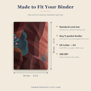 May include: A rectangular card with a dark red and teal abstract landscape illustration. Text includes Made to Fit Your Binder, Standard card size, Any 9-pocket binder, US Letter + A4, and 300 DPI. A measuring tool shows dimensions of 2.5 inches by 3.5 inches.