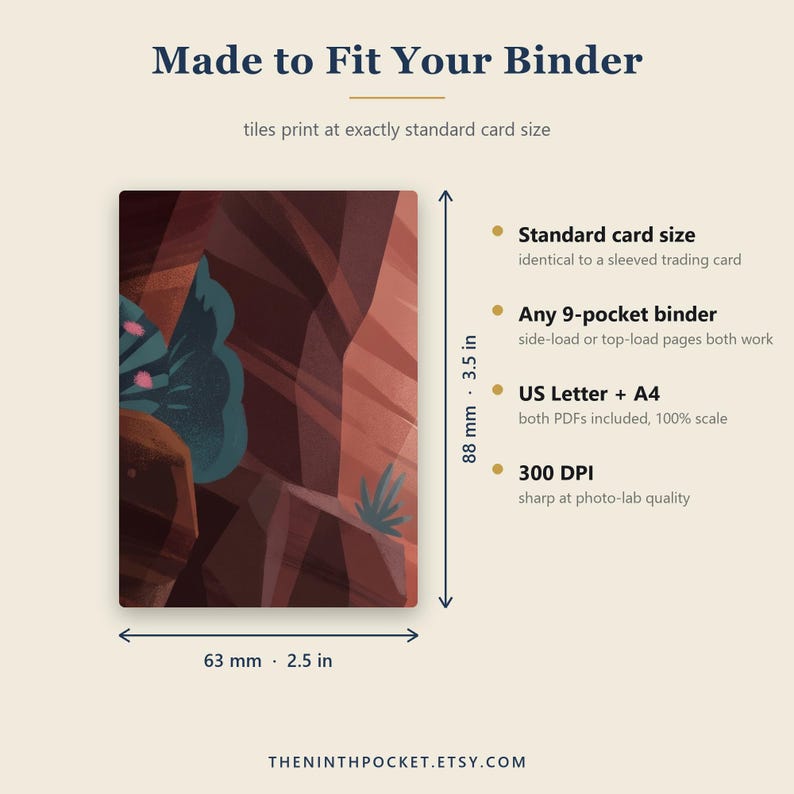 May include: A rectangular card with a dark red and teal abstract landscape illustration. Text includes Made to Fit Your Binder, Standard card size, Any 9-pocket binder, US Letter + A4, and 300 DPI. A measuring tool shows dimensions of 2.5 inches by 3.5 inches.