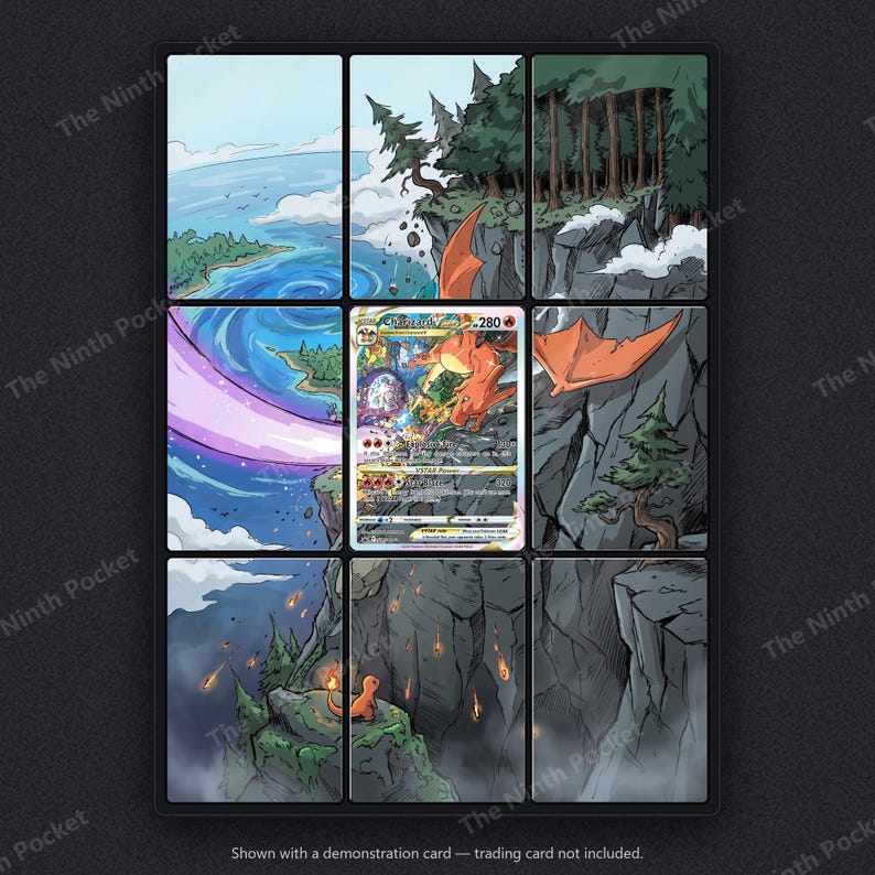 Puede incluir: Un marco de visualizaci&oacute;n de cuadr&iacute;cula de nueve paneles con una tarjeta coleccionable Charizard VSTAR central. Los paneles circundantes forman un paisaje ilustrado continuo de acantilados rocosos, un bosque, un oc&eacute;ano azul y una criatura naranja.