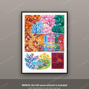 Op de afbeelding: Een rechthoekige print met een collage van kleurrijke natuurillustraties, waaronder herfstbomen, roze kersenbloesems, een bospad met paddenstoelen, twee ruilkaarten, een kleine vijver met gele bloemen en een donker bloemrijk tafereel.