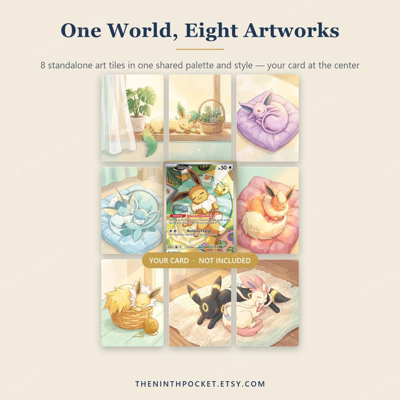 May include: A collection of eight rectangular art tiles featuring various illustrated creatures in soft, warm colors. The text reads One World, Eight Artworks, 8 standalone art tiles in one shared palette and style &mdash; your card at the center, and YOUR CARD - NOT INCLUDED.