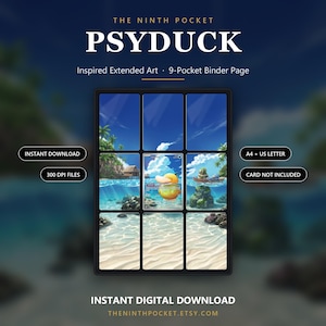 Op de afbeelding: Een 9-vaks ordnerpagina met uitgebreide kunst van een tropisch strandtafereel met een Psyduck-personagekaart in het midden. Het ontwerp bevat de tekst THE NINTH POCKET PSYDUCK, INSTANT DOWNLOAD, 300 DPI FILES, A4 + US LETTER en CARD NOT INCLUDED.