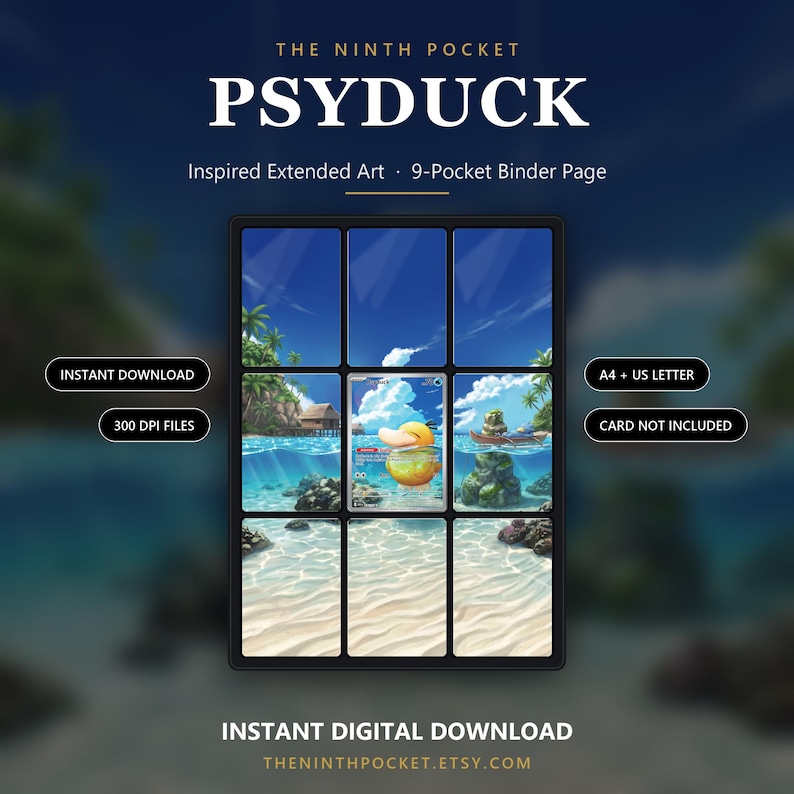 Op de afbeelding: Een 9-vaks ordnerpagina met uitgebreide kunst van een tropisch strandtafereel met een Psyduck-personagekaart in het midden. Het ontwerp bevat de tekst THE NINTH POCKET PSYDUCK, INSTANT DOWNLOAD, 300 DPI FILES, A4 + US LETTER en CARD NOT INCLUDED.