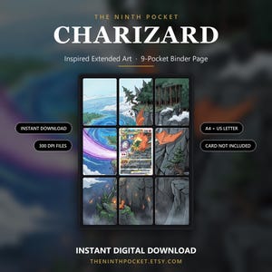 Puede incluir: Una p&aacute;gina de carpeta de 9 bolsillos con arte extendido para una tarjeta coleccionable de Charizard. El dise&ntilde;o incluye una tarjeta central rodeada por ocho paneles ilustrados que representan un paisaje rocoso, un bosque y el cielo.