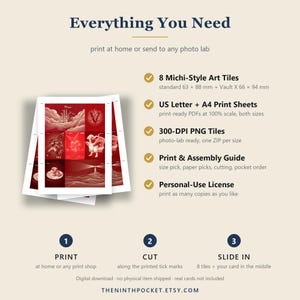 Peut inclure: Un guide de t&eacute;l&eacute;chargement num&eacute;rique intitul&eacute; Everything You Need pr&eacute;sentant 8 tuiles artistiques de style Michi en rouge, des feuilles d'impression US Letter et A4, des tuiles PNG 300 DPI, un guide d'assemblage et une licence d'utilisation personnelle.