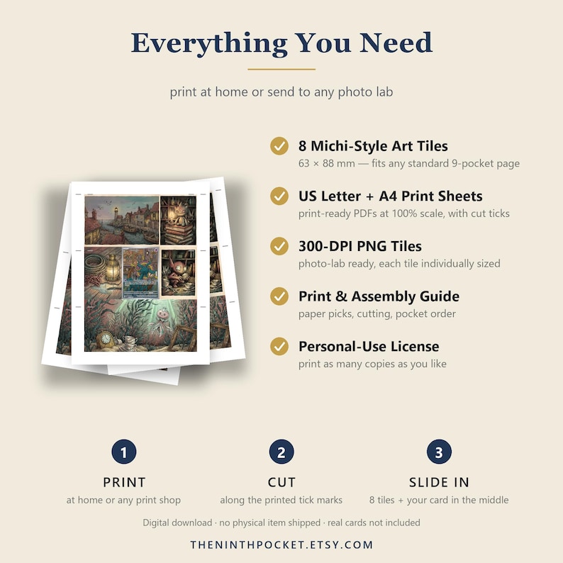 May include: A digital download set featuring 8 Michi-style art tiles measuring 63 x 88 mm, US Letter and A4 print sheets with cut ticks, 300-DPI PNG files, a print and assembly guide, and a personal-use license for printing at home or a lab.