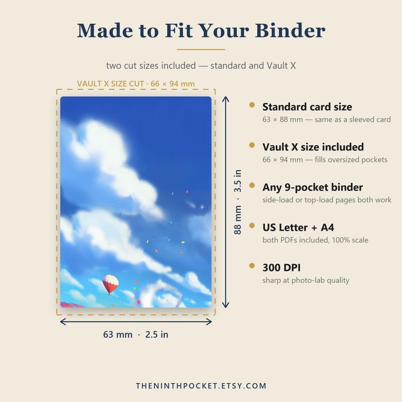 K&ouml;nnte beinhalten: Eine rechteckige Karte mit blauem Himmel, wei&szlig;en Wolken und einem rot-wei&szlig;en Hei&szlig;luftballon. Der Text umfasst Made to Fit Your Binder, Standard card size 63 x 88 mm, Vault X size 66 x 94 mm, Any 9-pocket binder, US Letter + A4 und 300 DPI.