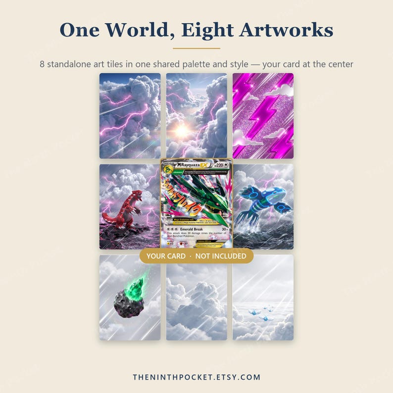Puede incluir: Ocho azulejos art&iacute;sticos rectangulares dispuestos en cuadr&iacute;cula, con ilustraciones de nubes, rayos y criaturas. Una carta coleccionable M Rayquaza EX est&aacute; en el centro. Texto: One World, Eight Artworks, 8 standalone art tiles, YOUR CARD NOT INCLUDED.