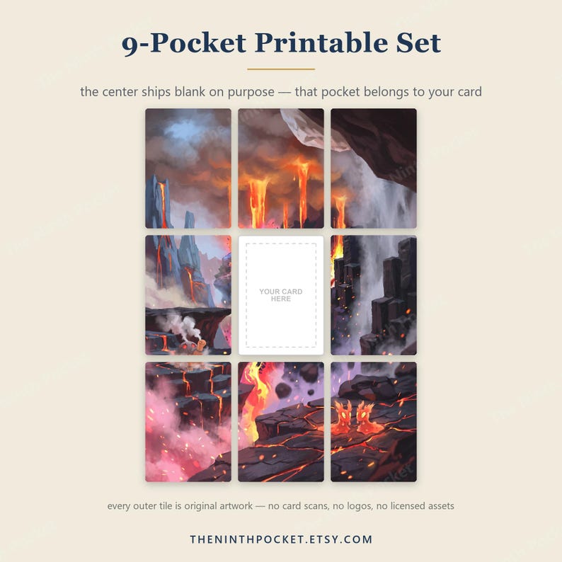 May include: A 9-pocket printable set featuring a volcanic landscape illustration across eight tiles, with a blank center tile labeled 'YOUR CARD HERE'. Text includes '9-Pocket Printable Set', 'the center ships blank on purpose', and 'THENINTHPOCKET.ETSY.COM'.