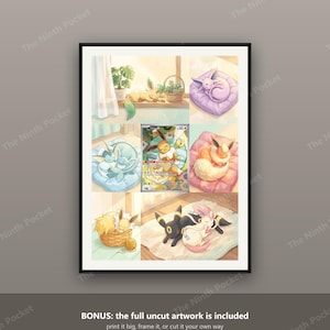 May include: A rectangular art print featuring a collage of nine illustrations of Eevee and its evolutions sleeping in various cozy indoor settings, with a central Eevee trading card, all framed within a thin black border on a neutral background.
