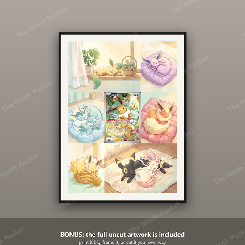 May include: A rectangular art print featuring a collage of nine illustrations of Eevee and its evolutions sleeping in various cozy indoor settings, with a central Eevee trading card, all framed within a thin black border on a neutral background.