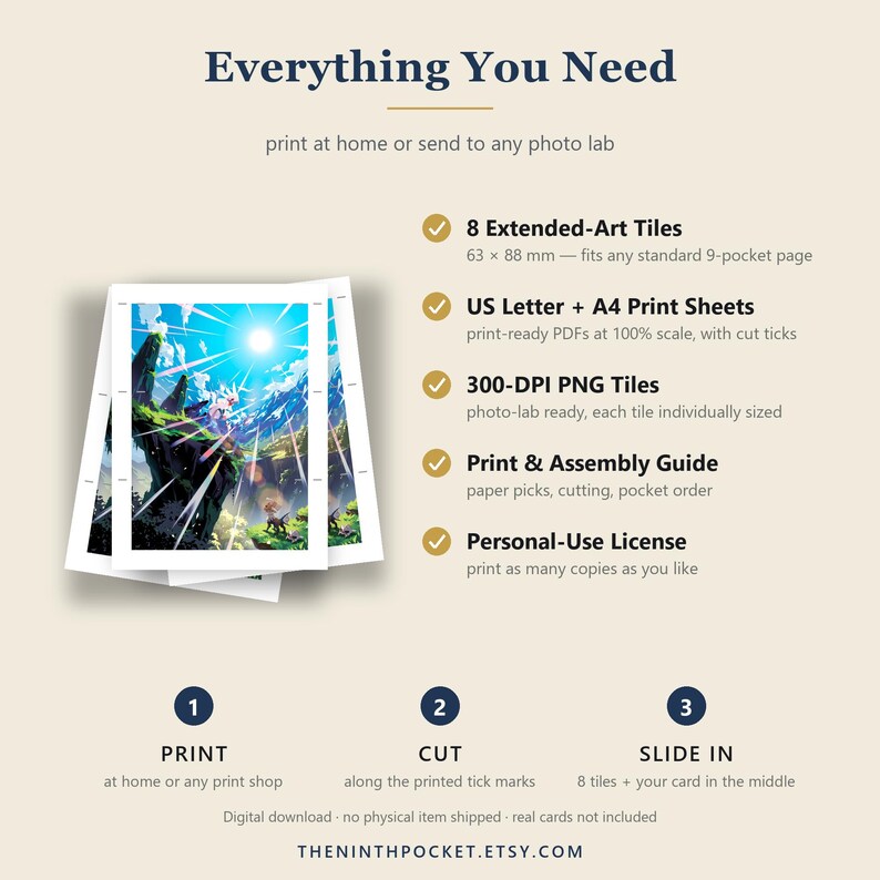 May include: A digital download product display featuring a stack of printed cards with an anime-style landscape illustration. Text includes Everything You Need, 8 Extended-Art Tiles 63 x 88 mm, US Letter + A4 Print Sheets, 300-DPI PNG Tiles, Print & Assembly Guide, and Personal-Use License.