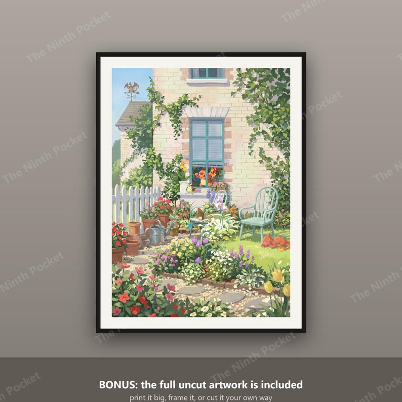 May include: A framed art print depicting a brick house exterior with a blue window, a white picket fence, and a garden filled with colourful flowers in pots. A small orange creature sits in the window, and a green chair sits on the lawn.