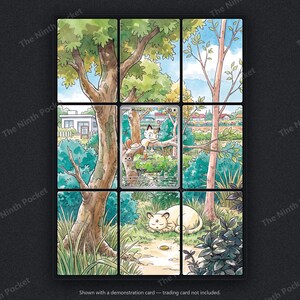 Peut inclure: Un cadre d'affichage &agrave; neuf panneaux pr&eacute;sentant une illustration de style aquarelle d'un paysage forestier. L'&oelig;uvre repr&eacute;sente un personnage Meowth perch&eacute; sur une branche d'arbre au centre, avec un personnage Persian endormi sur l'herbe en bas.