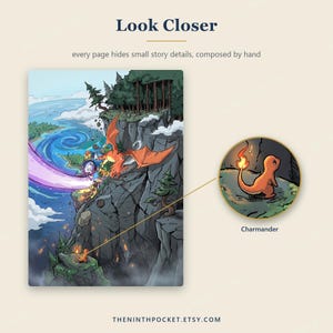 Puede incluir: Una ilustraci&oacute;n vertical titulada Look Closer, que muestra un paisaje con un gran drag&oacute;n naranja volando cerca de un acantilado, un rayo de energ&iacute;a p&uacute;rpura y un recuadro circular que muestra a una peque&ntilde;a criatura naranja Charmander.