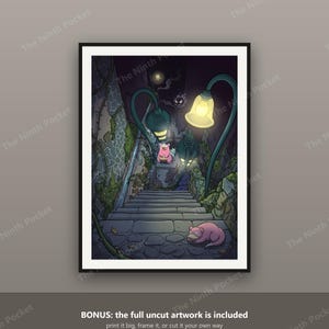 May include: A framed digital art print depicting a stone staircase at night, illuminated by two glowing street lamps. Two pink, rounded creatures are positioned on the steps, with one sitting upright and the other lying down near the bottom.