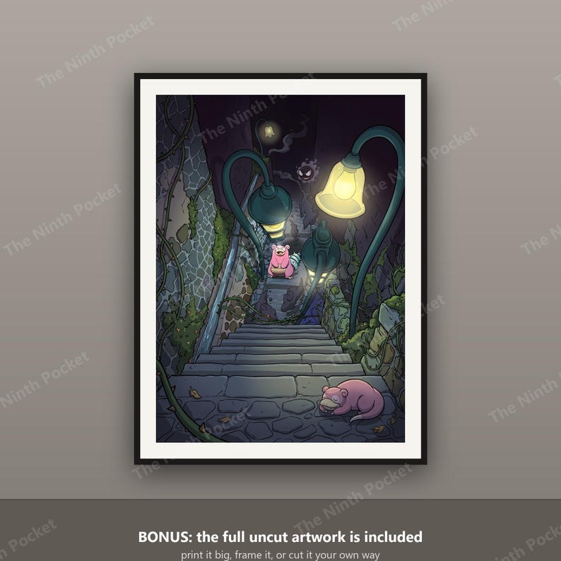 May include: A framed digital art print depicting a stone staircase at night, illuminated by two glowing street lamps. Two pink, rounded creatures are positioned on the steps, with one sitting upright and the other lying down near the bottom.