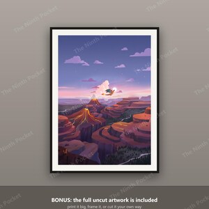 May include: A framed digital art print featuring a landscape with a volcanic mountain range, flowing lava, and a flying orange dragon-like creature against a purple sunset sky. The text "The Ninth Pocket" is repeated as a watermark across the image.