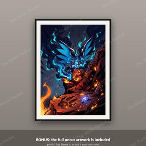 Peut inclure: Une impression d'art num&eacute;rique encadr&eacute;e repr&eacute;sentant une cr&eacute;ature ail&eacute;e sombre entour&eacute;e de flammes bleues vives et de fum&eacute;e. La sc&egrave;ne se d&eacute;roule sur une falaise rocheuse avec des braises orange et un petit cristal bleu brillant au sol.