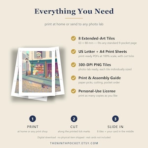 May include: A digital download product listing titled Everything You Need, featuring 8 extended-art tiles measuring 63 x 88 mm, US Letter and A4 print sheets, 300-DPI PNG tiles, a print and assembly guide, and a personal-use license for cards.